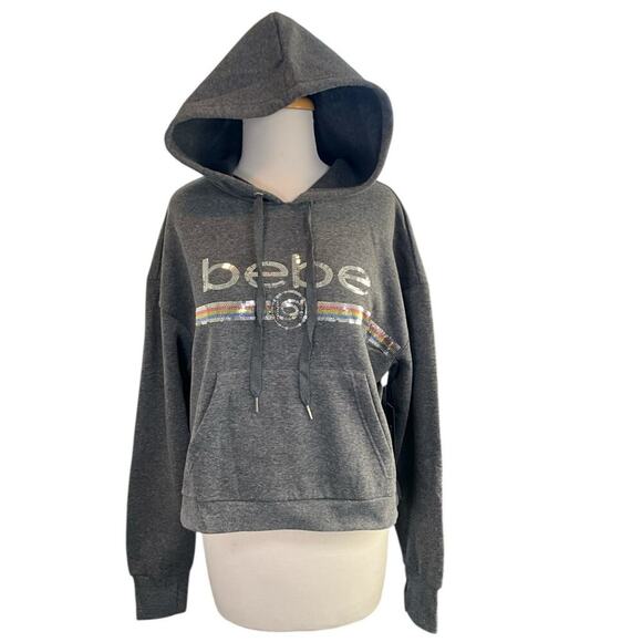 Bebe Women's Sequin Logo Hoodie Charcoal BP2350B Large NWT Thumbholes Kangaroo P - Picture 1 of 11